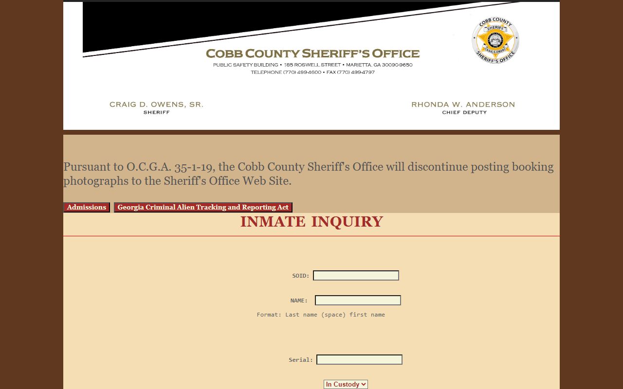 Cobb County inmate records search form with SOID name serial and custody fields